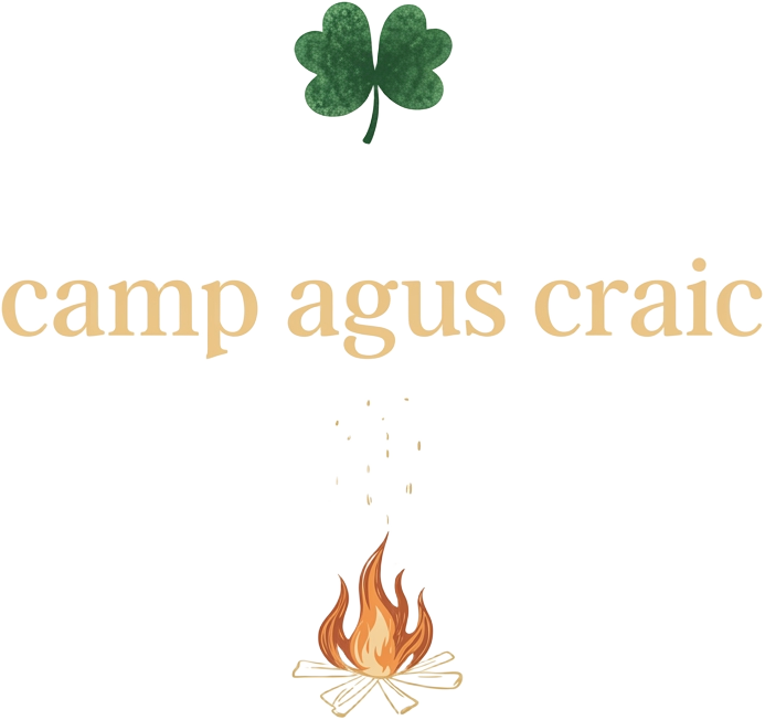 camp agus craic logo — shamrock and campfire